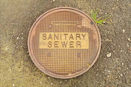 D&D Complete Sewer Service – A metal sanitary sewer manhole cover outside a residence in Lincoln, IL.