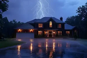D&D Complete Sewer Service—A residential home in Lincoln, IL, during a severe thunderstorm.