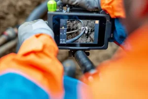 D&D Complete Sewer Service - A close-up of a sewer specialist performing a sewer line inspection using high-tech camera equipment in Lincoln, Illinois.