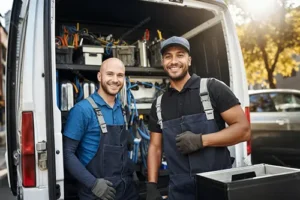 D & D Complete Sewer Service—Two male plumbers standing by their truck in a residential area in Springfield, IL during the summer season.