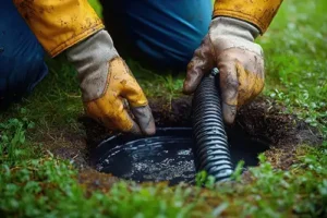 D&D Complete Sewer Service—A professional plumber cleans a septic tank with a sewage pumping service to prevent flooding on a property in Lincoln, IL.