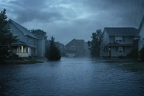 D&D Complete Sewer Service—Heavy rain flooding a suburban neighborhood in Lincoln, IL.